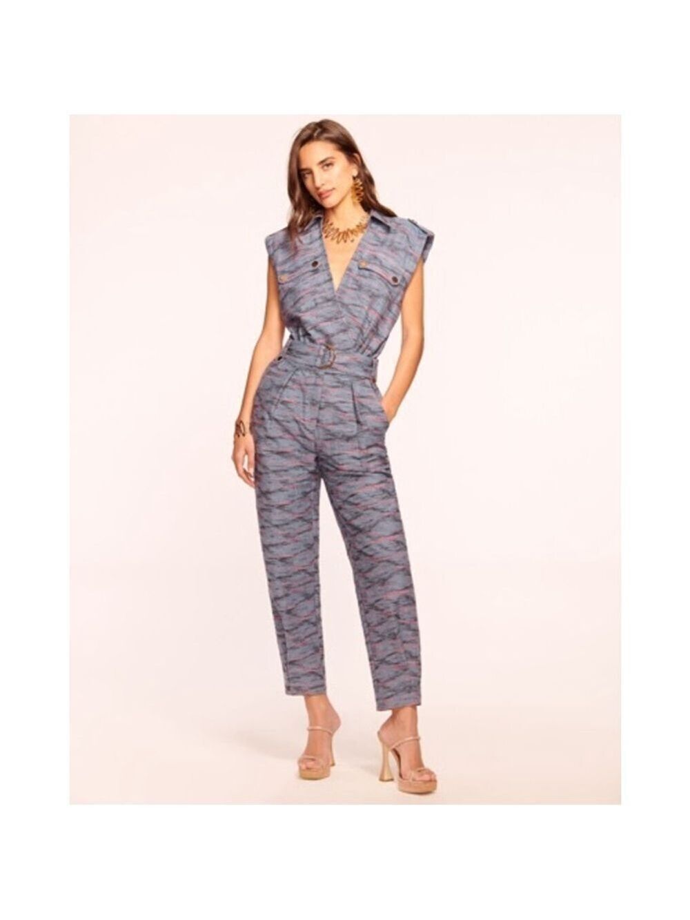 Women's Ramy Brook Blue Orange Striped Aviana Jumpsuit S